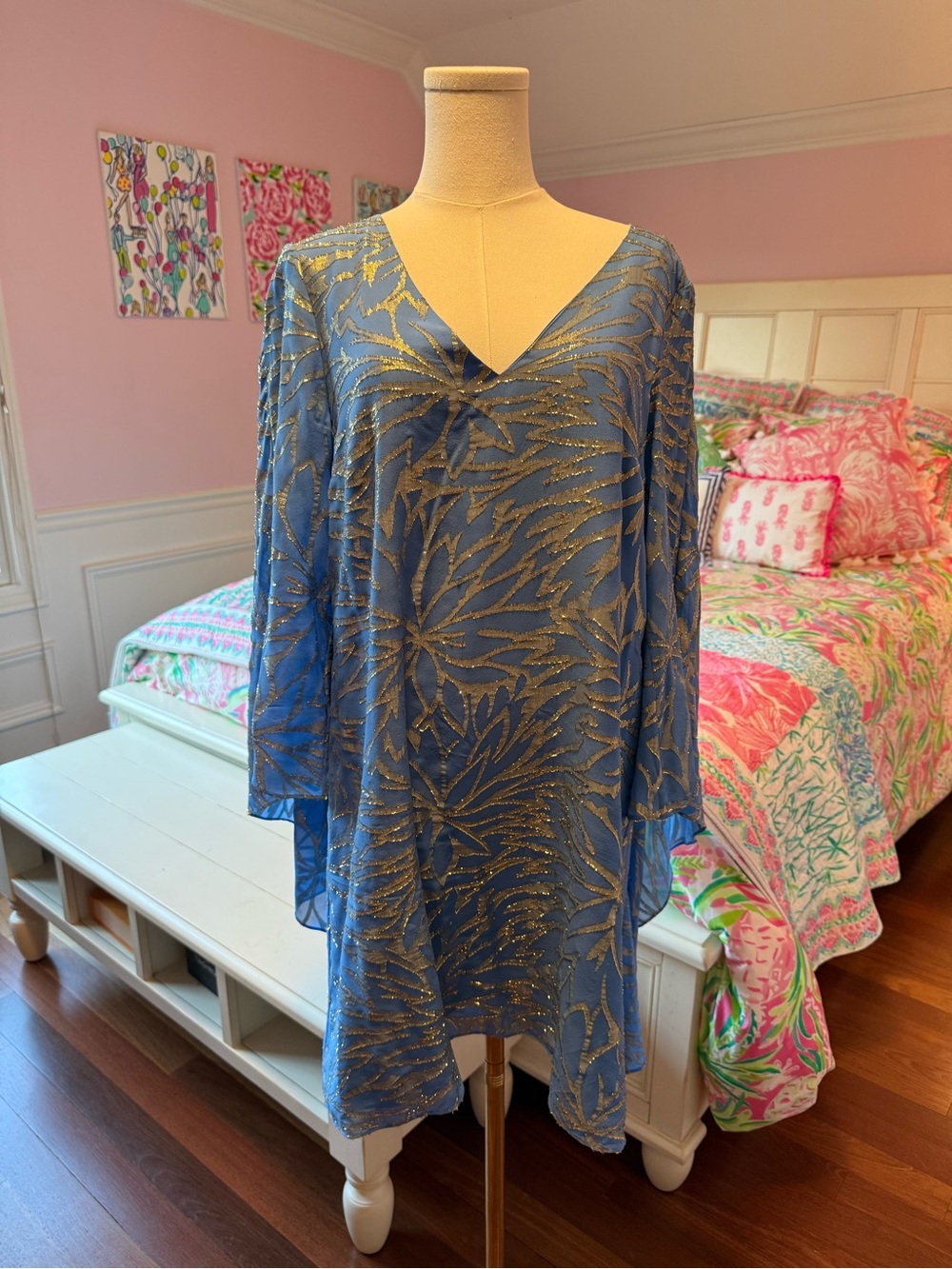 Lilly Pulitzer Blue Sheer Cape Tunic with Gold Glitter Leaf Pattern